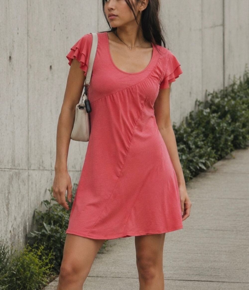New Oakley Wave Dress Coral Pink Ruffle Sleeve Mini Dress surf coastal sporty M
